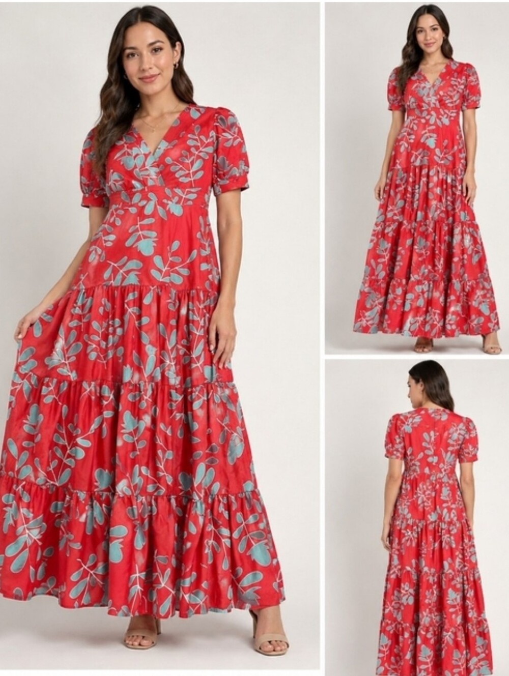 Red Tiered Maxi Dress with Teal Leaf Print